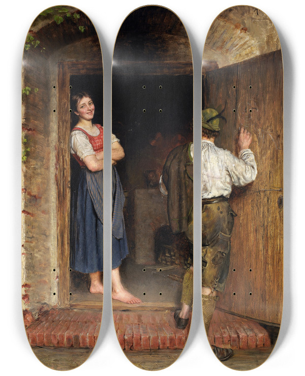 Triptych art skateboard deck of A Kinder Drawing On Door by A Kinder (19-)