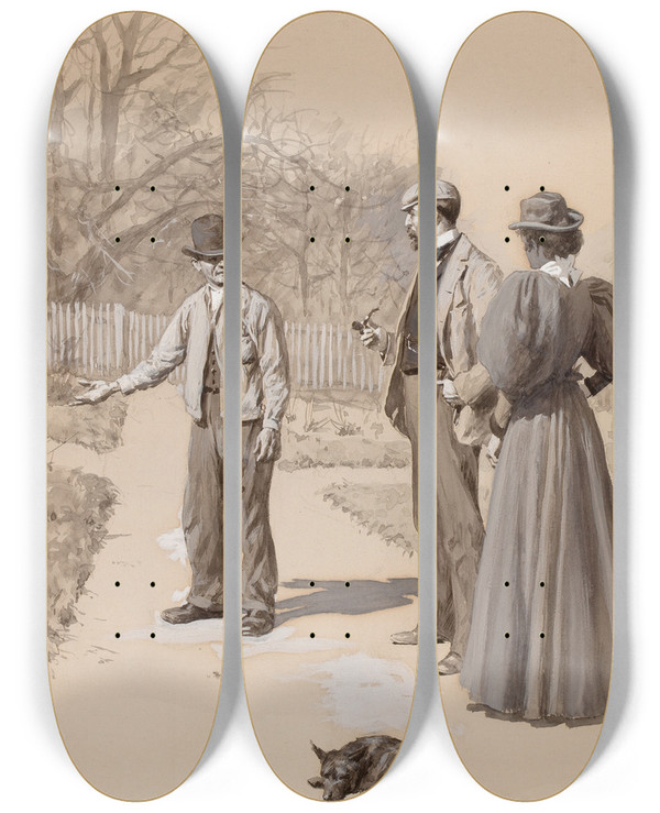 Triptych art skateboard deck of Arthur Burdett Frost Soliciting For Work by Arthur Burdett Frost (1851-1928)