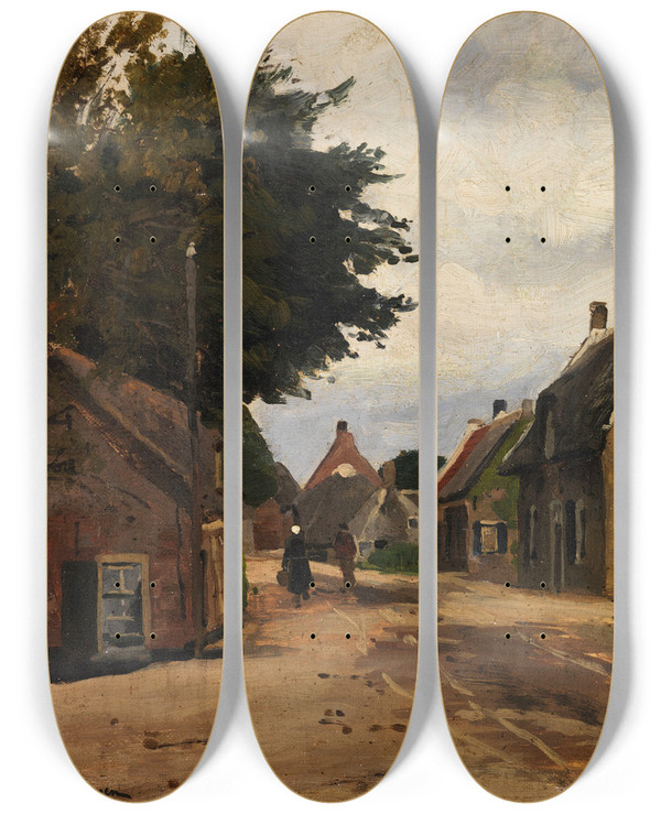 Triptych art skateboard deck of Friedrich Kallmorgen Sommerliche Dorfstrae by Friedrich Kallmorgen (1856-1924)