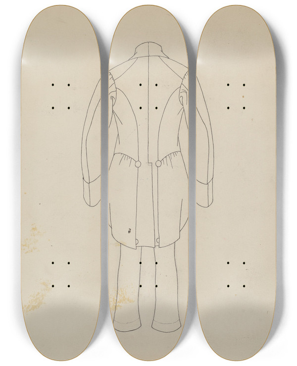Triptych art skateboard deck of Mae A Clarke Boys Coat And Trousers by Mae A Clarke
