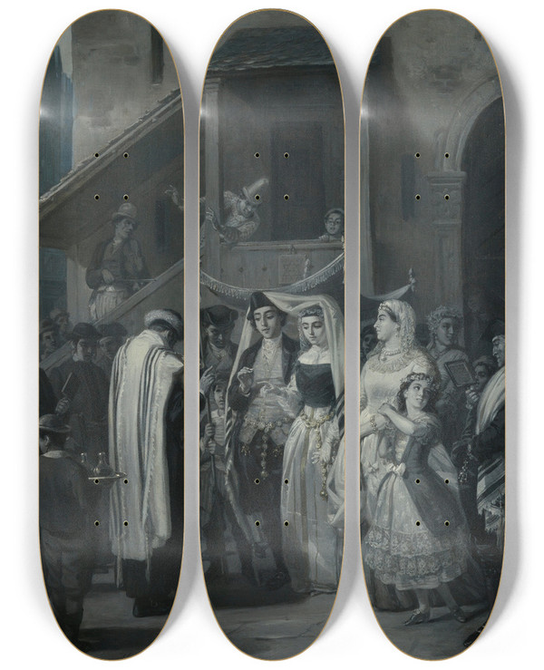 Triptych art skateboard deck of Moritz Daniel Oppenheim The Wedding Die Trauung by Moritz Daniel Oppenheim (1800-1882)