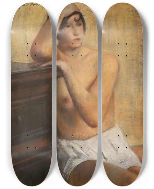 Triptych art skateboard deck of Willy Jaeckel Sitzender Weiblicher Akt by Willy Jaeckel (1888-1944)