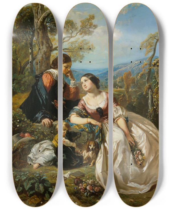 Triptych art skateboard deck of Camillejosephetienne Roqueplan A Sentimental Conversation by Camille-Joseph-Etienne Roqueplan (1803-1855)