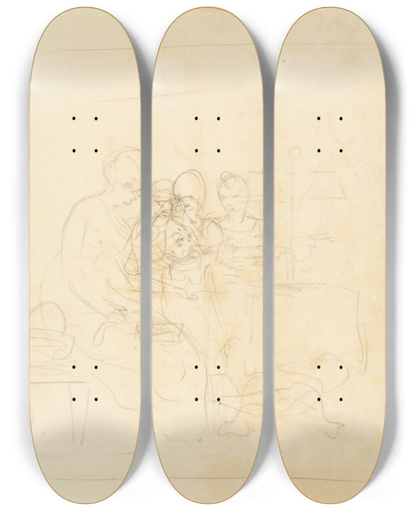 Triptych art skateboard deck of Benjamin West Sketch For A Family Group by Benjamin West (1738-1820)