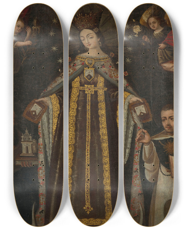 Triptych art skateboard deck of Cuzco School The Virgin Surrounded By Saints And Angels by Cuzco School