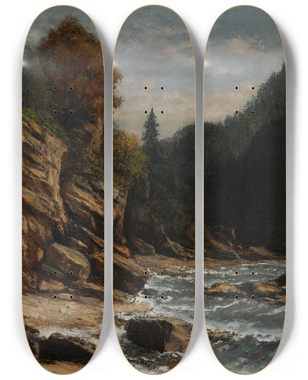Triptych art skateboard deck of Gustave Courbet Bords Du Lac Lman by Gustave Courbet (1819-1877)