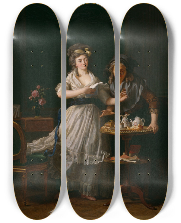Triptych art skateboard deck of Michel Garnier The Letter by Michel Garnier (1753-1819)