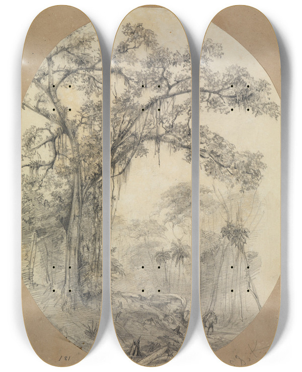 Triptych art skateboard deck of Ferdinand Keller Baumstudie Auf Kleiner Anhhe by Ferdinand Keller (1842-1922)