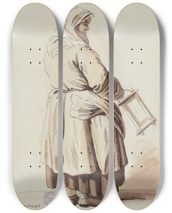 Triptych art skateboard deck of Edm Bouchardon Les Cris De Paris Revendeuse by Edme Bouchardon (1698-1762)