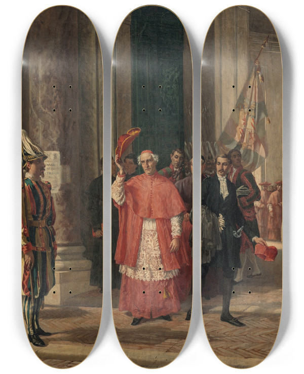 Triptych art skateboard deck of Auguste Dutuit Cardinaux Sortant Du Vatican Par La Porte Des Suisses Aprs Une Audience Du Saintpre by Auguste Dutuit (1807-1886)