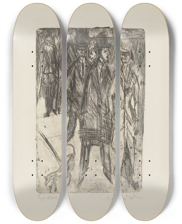 Triptych art skateboard deck of Ernst Ludwig Kirchner Ansprachen Auf Der Strae Ii by Ernst Ludwig Kirchner (1880-1938)