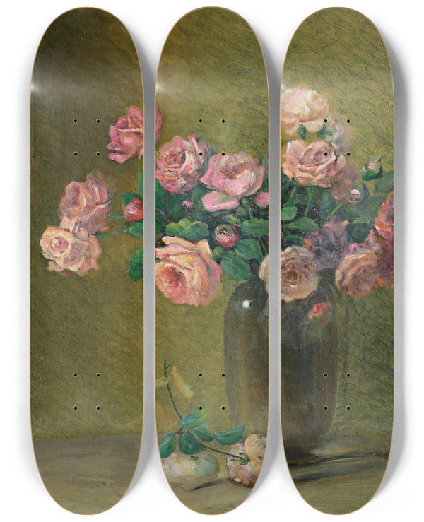 Triptych art skateboard deck of Charles Ethan Porter Pink Roses On A Table by Charles Ethan Porter (1847-1923)