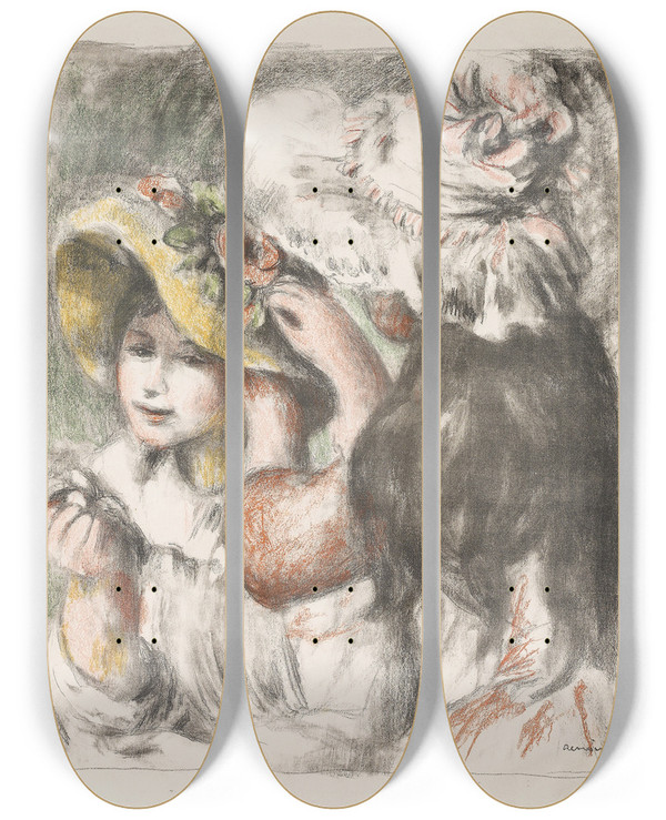 Triptych art skateboard deck of Pierreauguste Renoir Pinning The Hat by Pierre-Auguste Renoir (1841-1919)