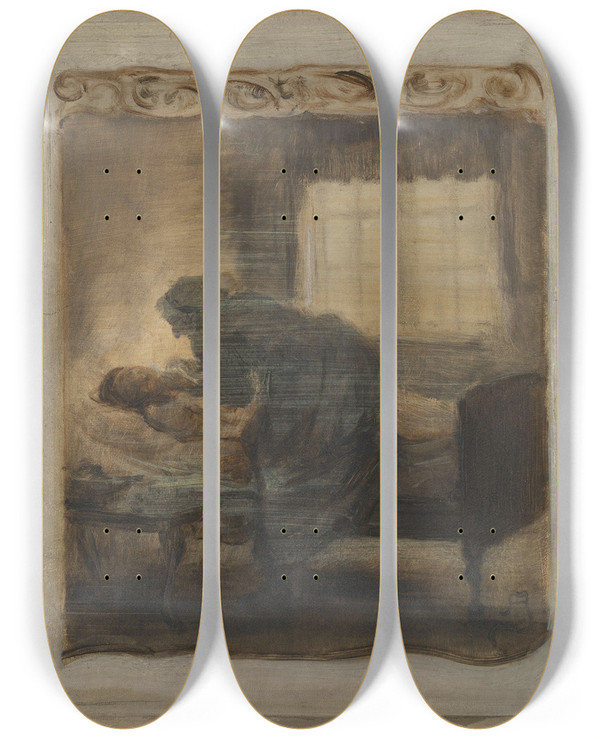 Triptych art skateboard deck of August Jerndorff Og Dybere Bjede Heksen Sig Ned Over Den Hvide Hals by August Jerndorff (1846-1906)