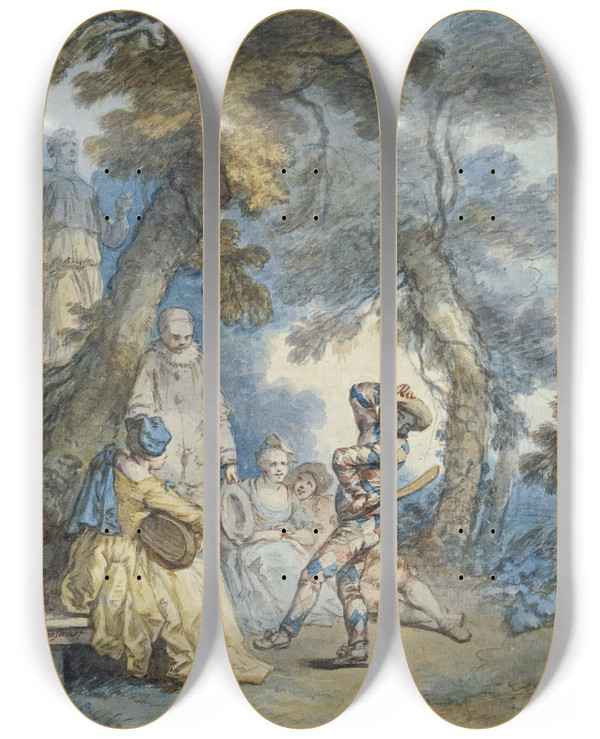 Triptych art skateboard deck of Jacquesphilippe Caresme Arlequin Ou La Danse by Jacques Philippe Caresme (1734-1796)