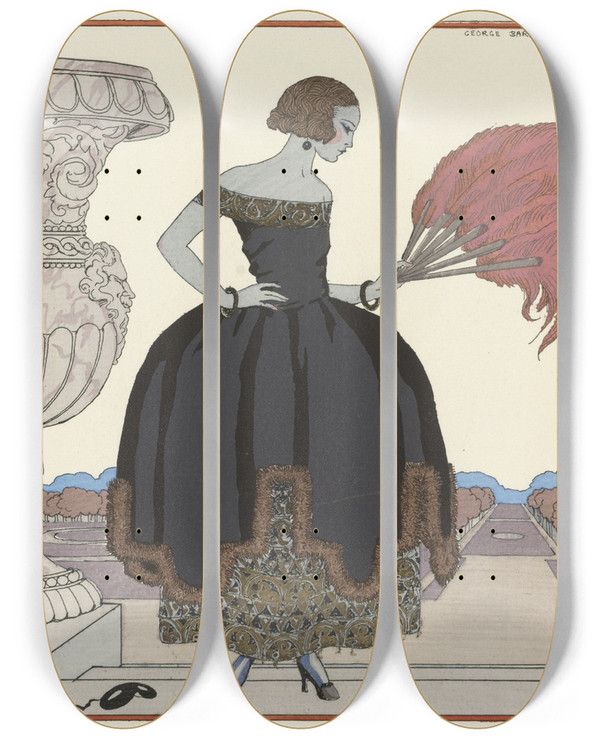 Triptych art skateboard deck of George Barbier Pavane Robe Du Soir De Worth by George Barbier (1882-1932)