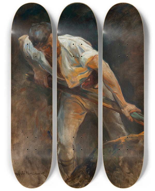 Triptych art skateboard deck of Zygmund Adjukiewiecz Study For Der Schatz Wird Gehoben by Zygmund Adjukiewiecz