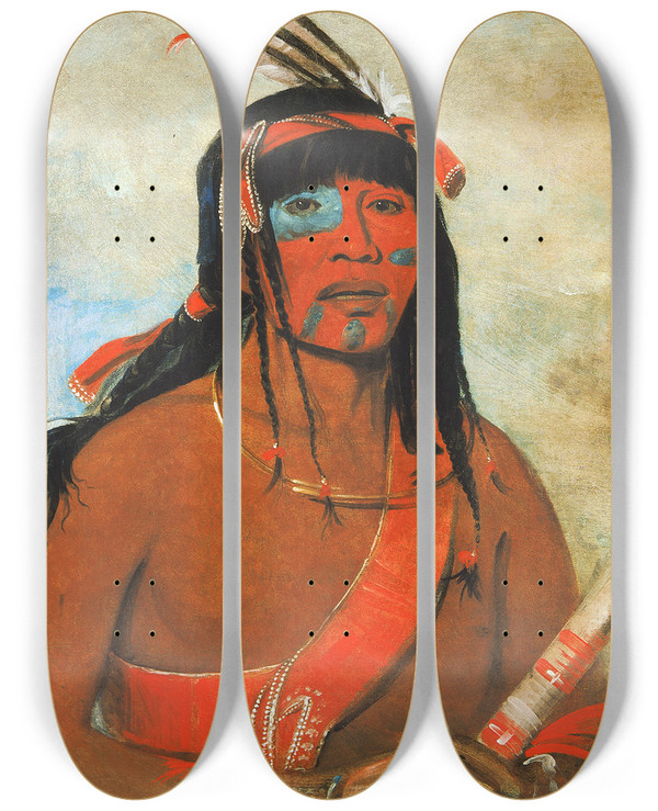 Triptych art skateboard deck of George Catlin Otwah The Ottaway A Warrior by George Catlin (1796-1872)