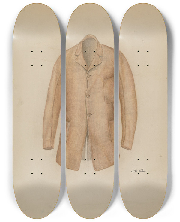 Triptych art skateboard deck of Edith Miller Mans Sack Coat by Edith Miller