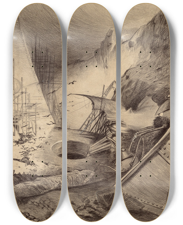 Triptych art skateboard deck of Henrique Alvim Corra Dead Martians by Henrique Alvim Correa (1876-1910)