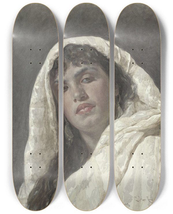 Triptych art skateboard deck of Cesare Biseo Buste Van Een Oosterse Vrouw by Cesare Biseo (1843-1909)