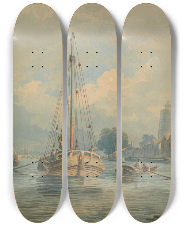 Triptych art skateboard deck of John Varley On The Thames by John Varley (1778-1842)