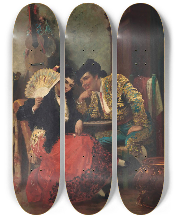 Triptych art skateboard deck of Robert Kemm Courtship by Robert Kemm (1837-1895)