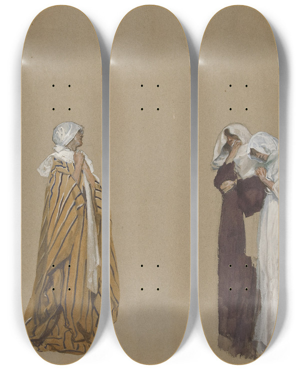 Triptych art skateboard deck of Edwin Austin Abbey Study Threefigures by Edwin Austin Abbey (1852-1911)