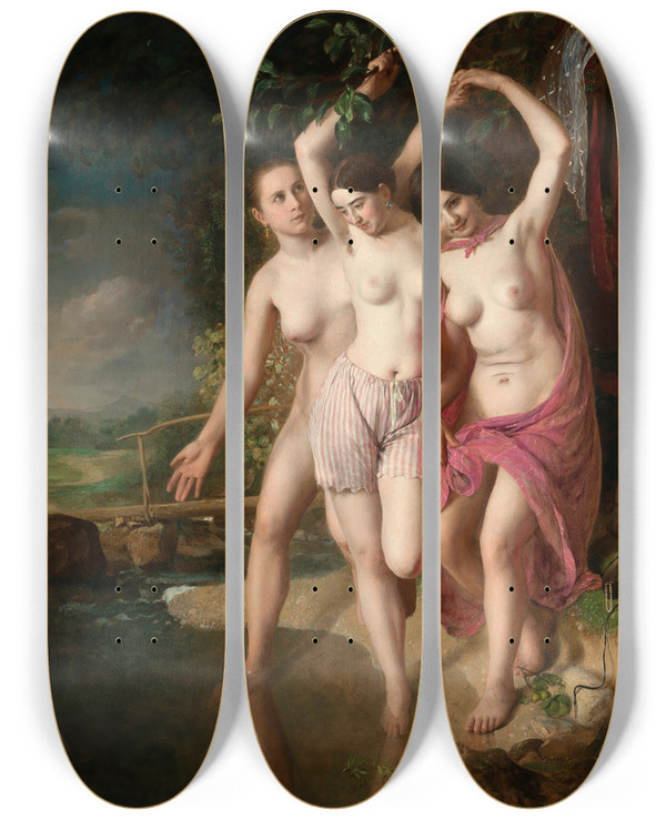 Triptych art skateboard deck of Johann Baptist Reiter Three Bathers by Johann Baptist Reiter (1813-1890)