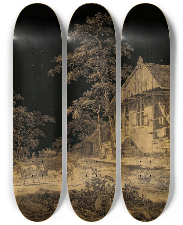 Triptych art skateboard deck of Leendert Overbeek Shepherd At A Farmstead by Leendert Overbeek (1752-1815)
