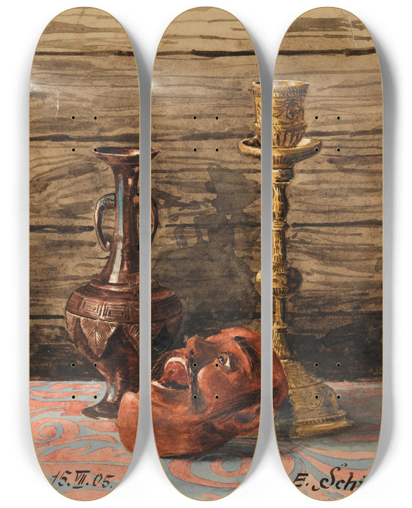Triptych art skateboard deck of Egon Schiele Stillleben Mit Kerzenleuchter Vase Und Maske by Egon Schiele (1890-1918)