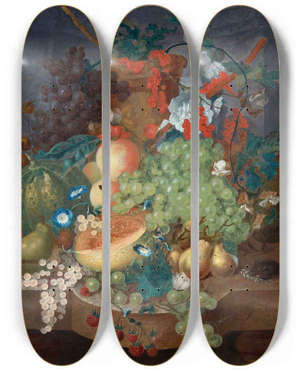 Triptych art skateboard deck of Jan Van Os Fruit Still Life With A Mouse On A Ledge by Jan Van Os (1744-1808)