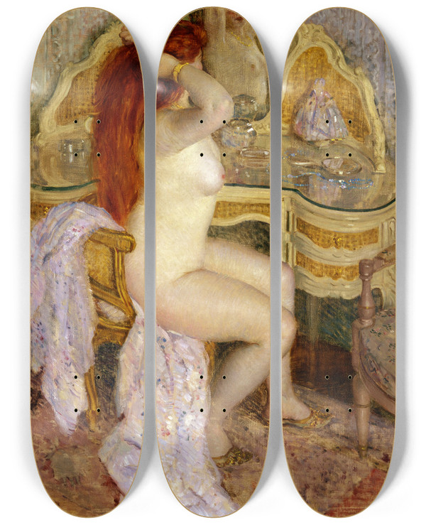 Triptych art skateboard deck of Frederick Carl Frieseke Nude Seated At Her Dressing Table by Frederick Carl Frieseke (1874-1939)