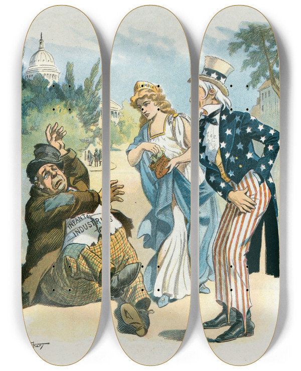 Triptych art skateboard deck of Samuel Ehrhart The Fitthrower by Samuel Ehrhart (1862-1937)