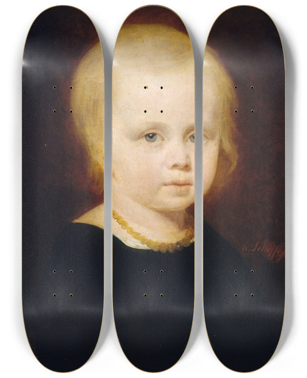 Triptych art skateboard deck of Hendrik Scheffer Portrait Denfant by Hendrik Scheffer (1798-1862)