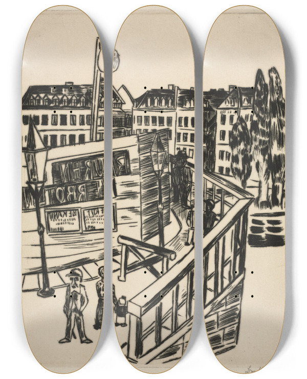 Triptych art skateboard deck of Max Beckmann Wooden Bridge by Max Beckmann (1884-1950)