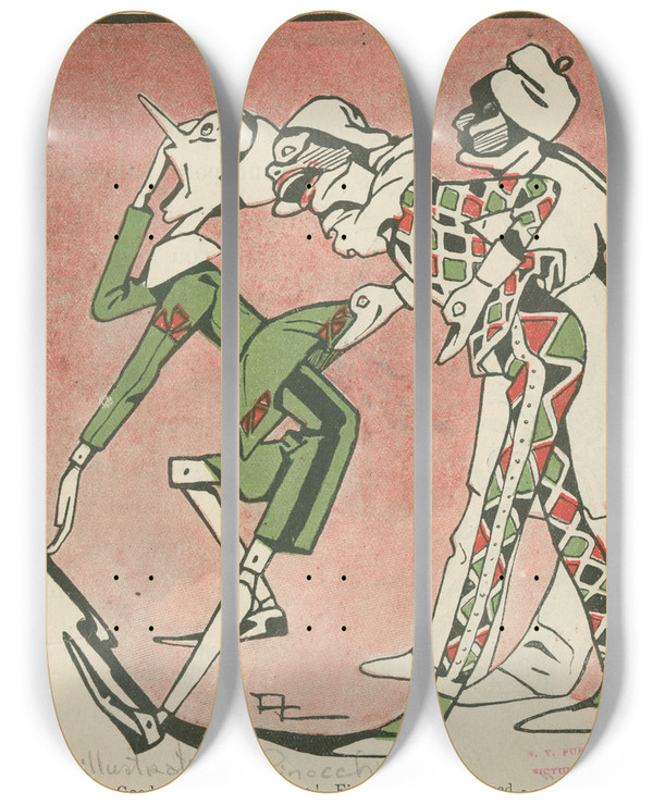 Triptych art skateboard deck of Attilio Mussino Good News Brother Mine Fire Eater Has Sneezed by Attilio Mussino (1878-1954)