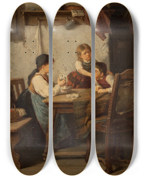 Triptych art skateboard deck of Carl Robiczek The Mischief by Carl Robiczek (1839-1918)