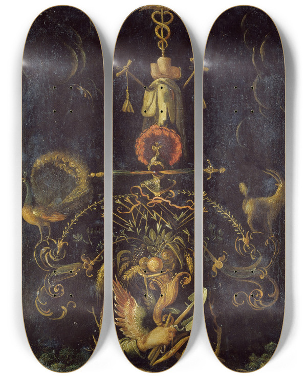 Triptych art skateboard deck of Karel Van Mander Emblematic Representation by Karel Van Mander (1548-1606)