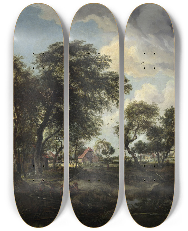Triptych art skateboard deck of Meindert Hobbema A Farm In The Sunlight by Meindert Hobbema (1638-1709)