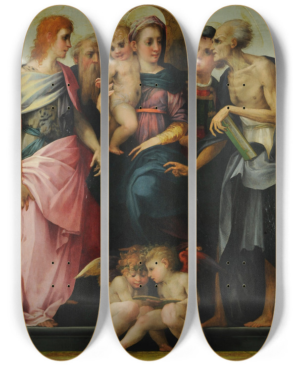 Triptych art skateboard deck of Rosso Fiorentino Sacred Conversation With Musical Angels by Rosso Fiorentino (1494-1540)