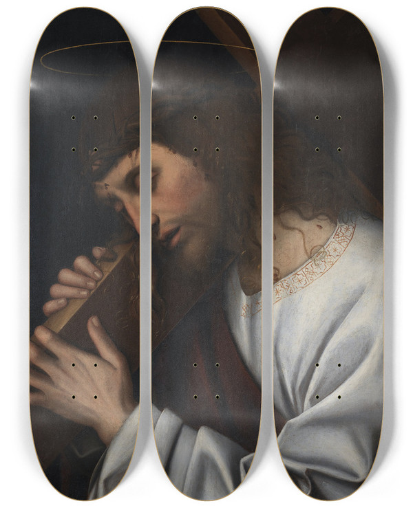Triptych art skateboard deck of Gian Francesco De Maineri Christ Carrying The Cross by Gian Francesco De Maineri (1489-1506)