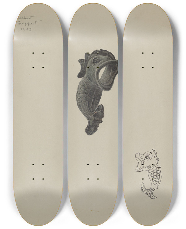 Triptych art skateboard deck of Albert Geuppert Dolphin Ornament by Albert Geuppert