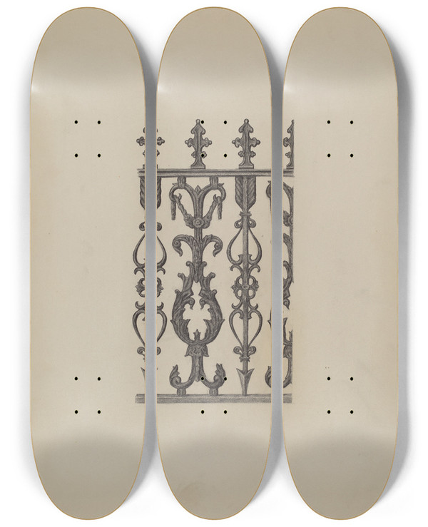 Triptych art skateboard deck of Eugene Shellady Iron Ornament by Eugene Shellady