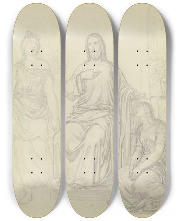 Triptych art skateboard deck of Ferdinand Fellner Christus Bei Maria Und Martha by Ferdinand Fellner (1799-1859)