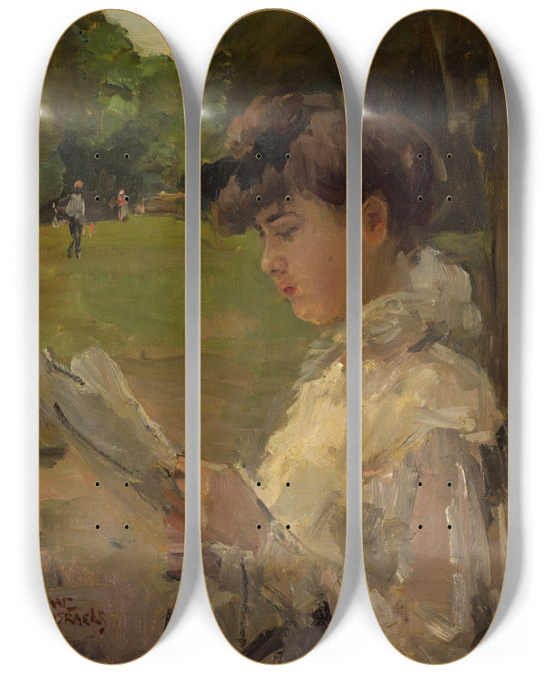 Triptych art skateboard deck of Isaac Israls Girl Reading by Isaac Israels (1865-1934)