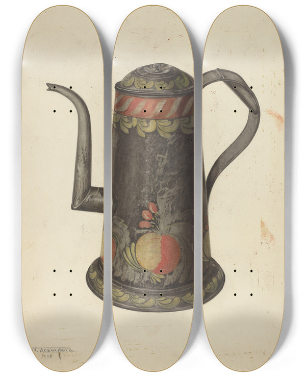 Triptych art skateboard deck of Nicholas Acampora Toleware Coffee Pot_2 by Nicholas Acampora