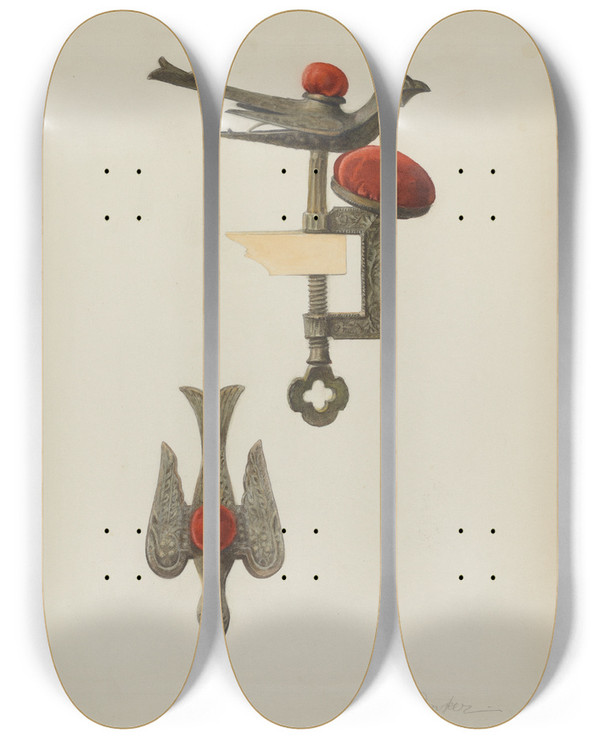 Triptych art skateboard deck of Cora Parker Sewing Bird by Cora Parker