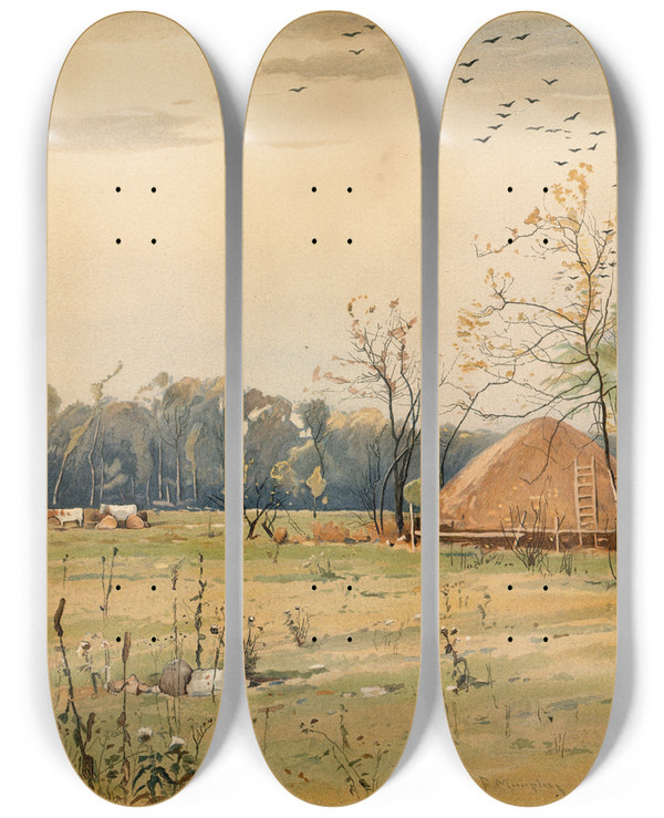 Triptych art skateboard deck of John Francis Murphy Autumn Landscape With Large Haystack by John Francis Murphy (1853-1921)