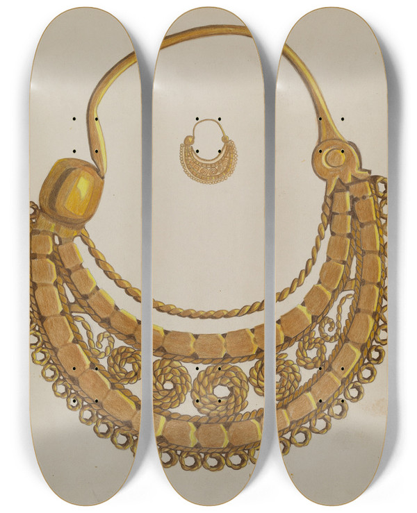 Triptych art skateboard deck of Tulita Westfall Gold Earring by Tulita Westfall